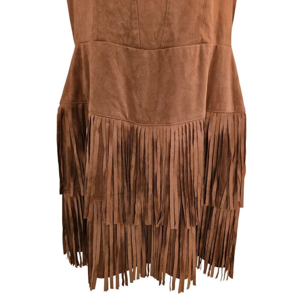 Fringe Western Brown Dress Sleeveless faux Suede Boho Style cottagecore coquette - Picture 5 of 8